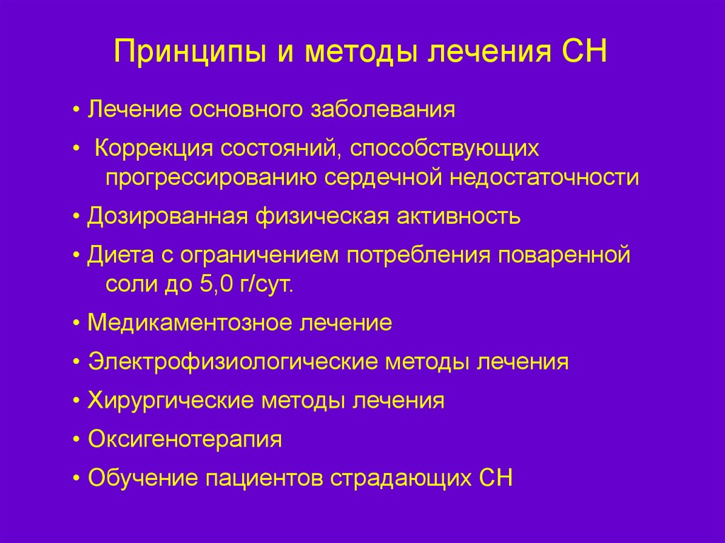 Терапия основного заболевания. Коррекция состояний. Принципы лечения СН. Хирургические методы лечения сердечной недостаточности. Принцип недостаточности.