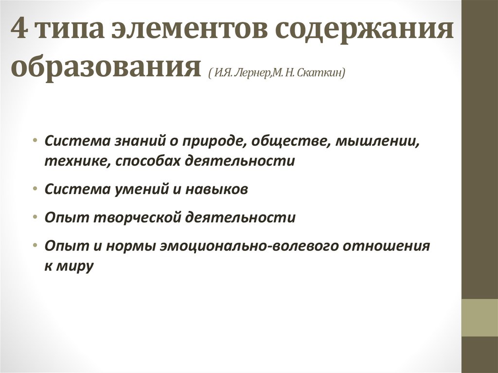 Элементы содержания образования. Схема Лернера компоненты содержания образования. Основные элементы содержания образования по Лернеру и Скаткину. Основные элементы содержания образования (по и.я.Лернер):. Характеристики творческой деятельности Лернер.