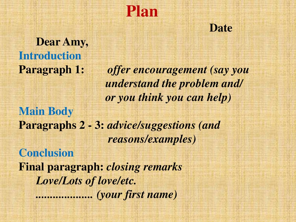 Plan Date Dear Amy, Introduction Paragraph 1: offer encouragement (say you understand the problem and/ or you think you can