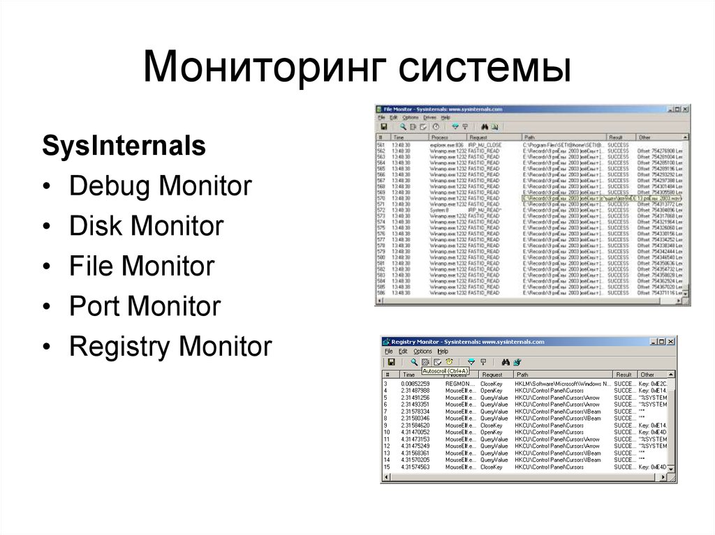 Мониторинг ос. Sysinternals Port Monitor. Sysinternals System Monitor. Debug Monitor. DISKMON утилиты.