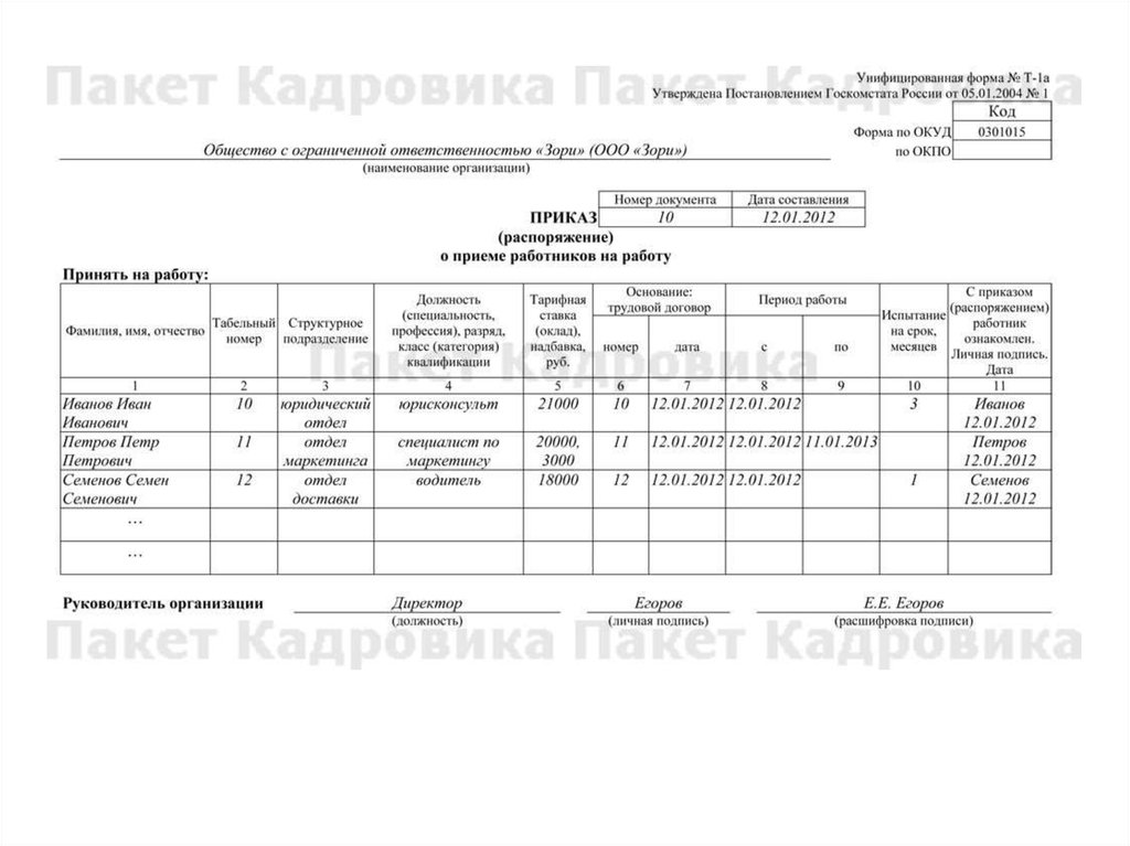 Приказ т 1а образец заполнения