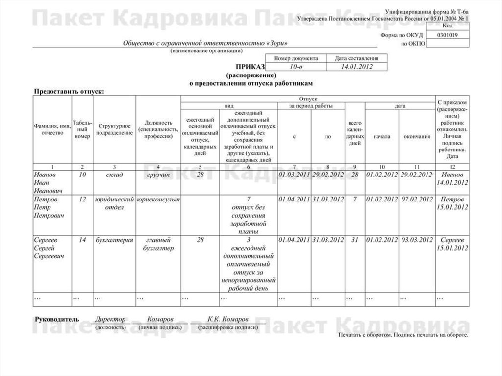 Приказ на отпуск образец т 6а