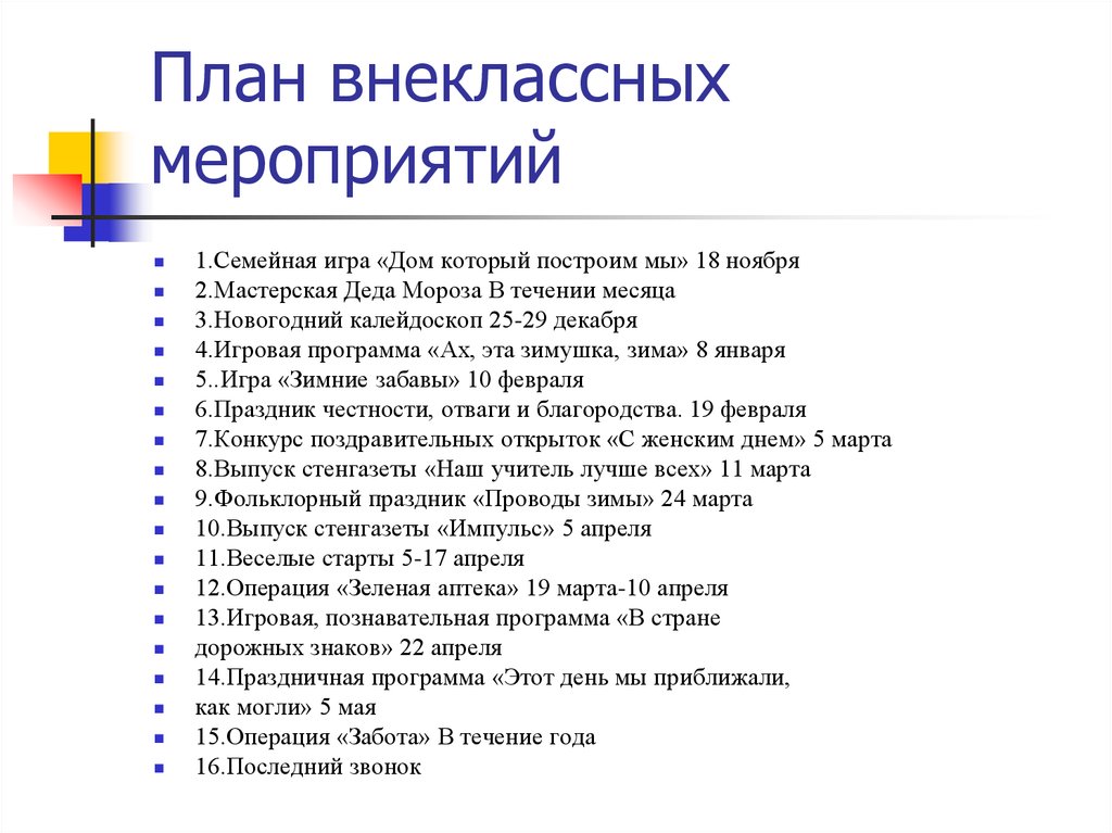 План работы внеклассной работы