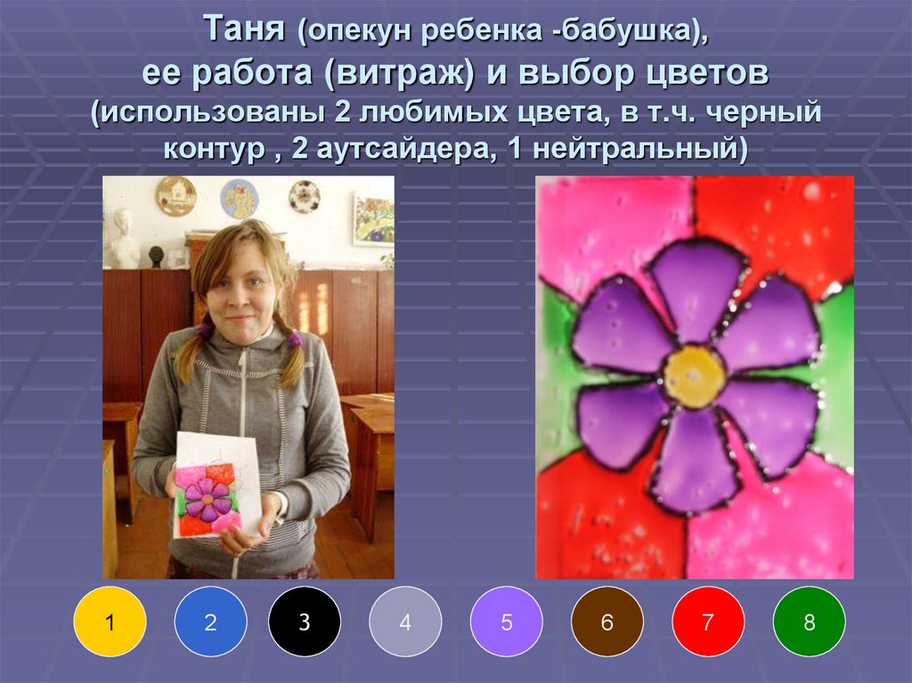 Таня (опекун ребенка -бабушка), ее работа (витраж) и выбор цветов (использованы 2 любимых цвета, в т.ч. черный контур , 2