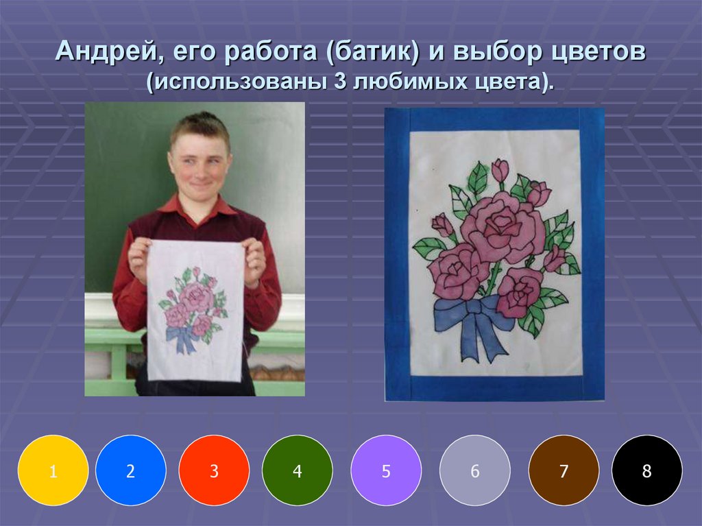 Андрей, его работа (батик) и выбор цветов (использованы 3 любимых цвета).