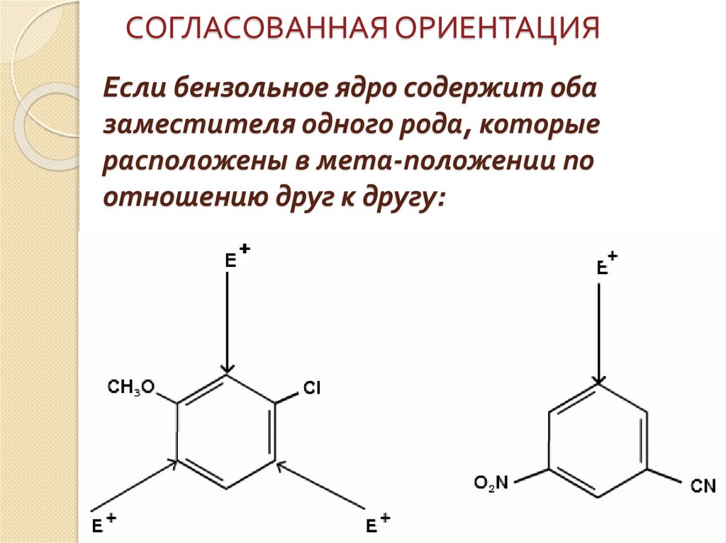 Ориентация в бензольном кольце. Согласованная ориентация заместителей в бензольном кольце. Согласованная и несогласованная ориентация. Согласованные и несогласованные ориентации заместителей.