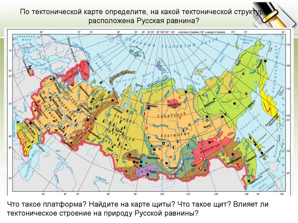 По тектонической карте определите, на какой тектонической структуре расположена Русская равнина?