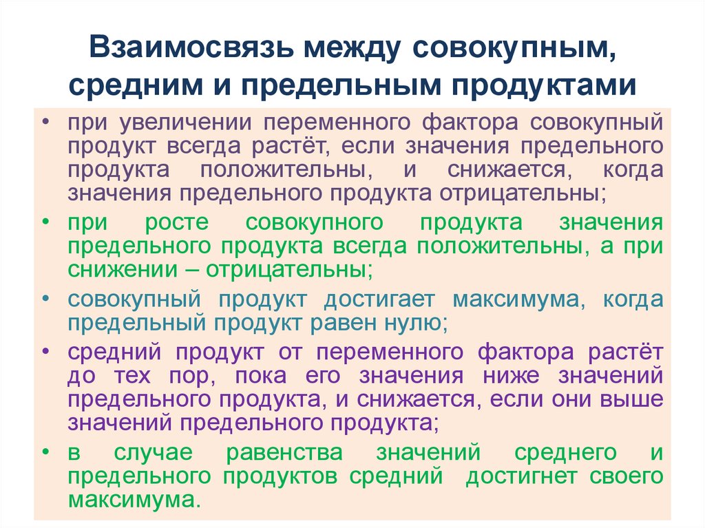 Взаимосвязь между совокупным, средним и предельным продуктами