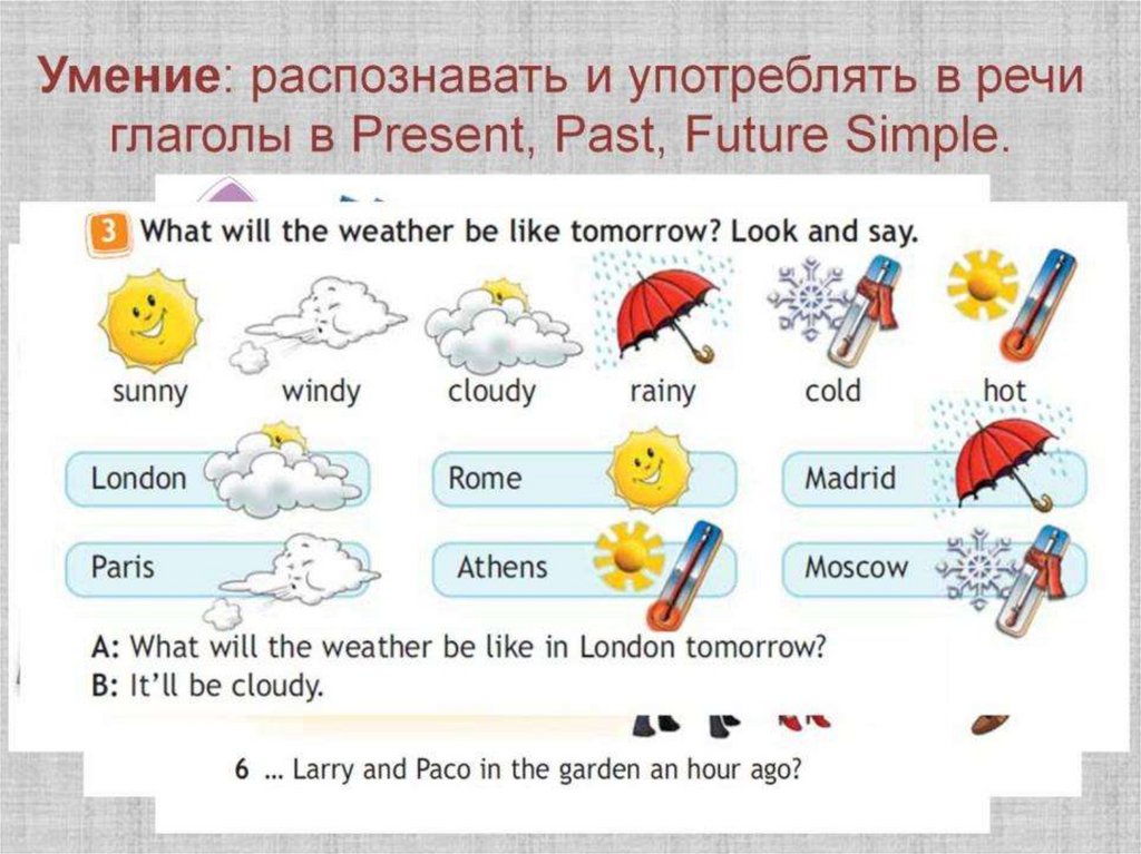 Умение: распознавать и употреблять в речи глаголы в Present, Past, Future Simple.