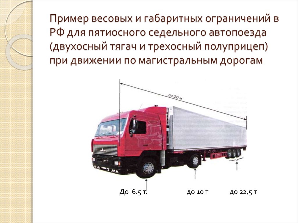 Пример весовых и габаритных ограничений в РФ для пятиосного седельного автопоезда (двухосный тягач и трехосный полуприцеп) при