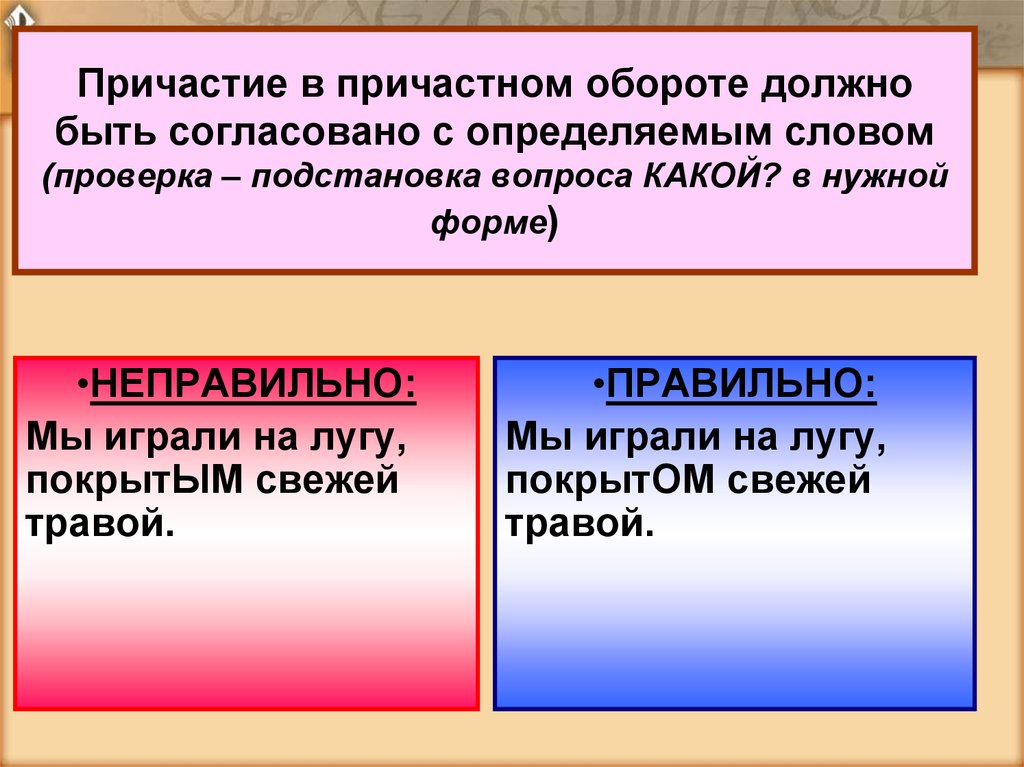 Оборот надо. Причастный оборот должен быть согласован с определяемым словом. Причастный оборот не согласован с определяемым словом. Как согласовать Причастие с определяемым словом. Лексическая подстановка.