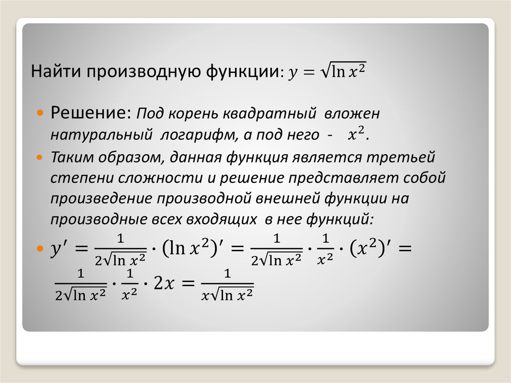 Найти производную функции: y=√(ln⁡〖x^2 〗 )