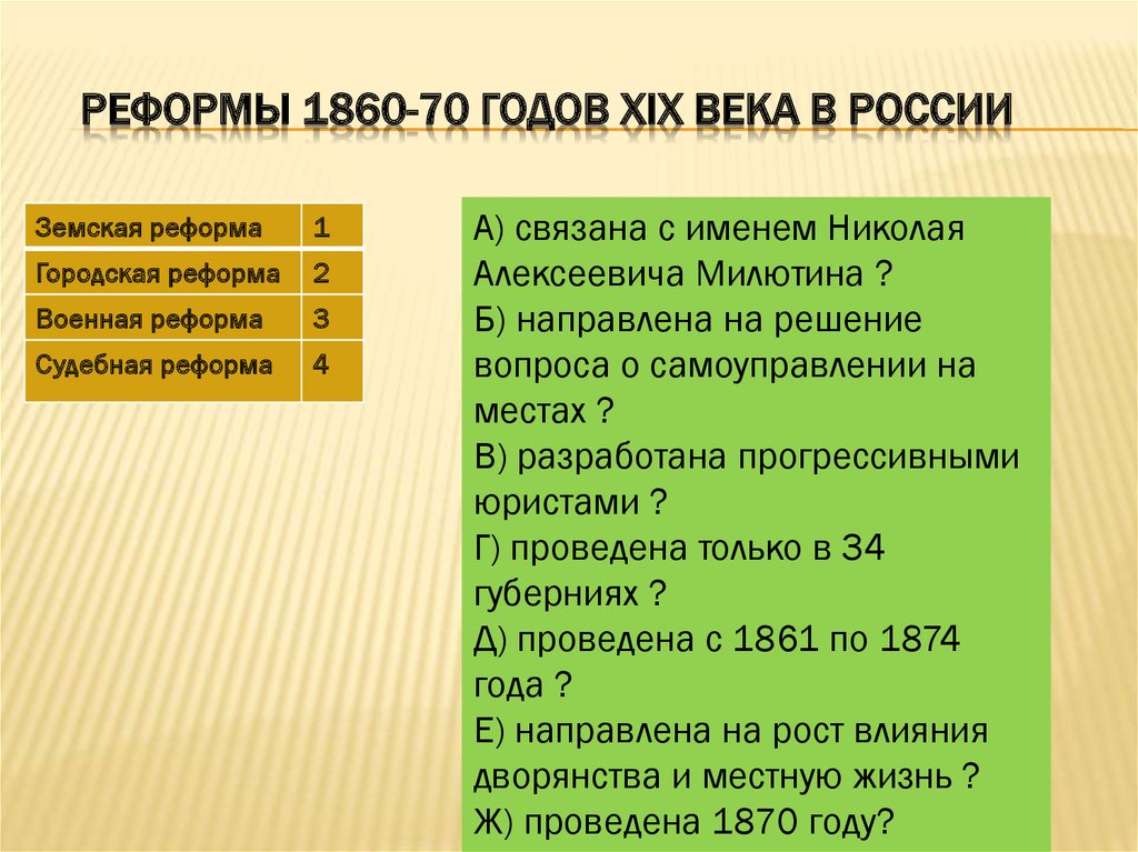 Составьте план перечисление реформ 1860 1870 х гг