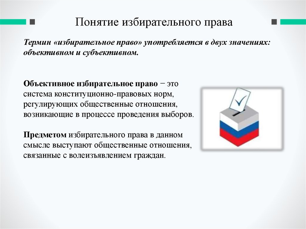 Что не относится к избирательному праву. Понятие избирательного права. Объективное и субъективное избирательное право. Понятие объективного и субъективного избирательного права. Избирательное право Конституционное право.