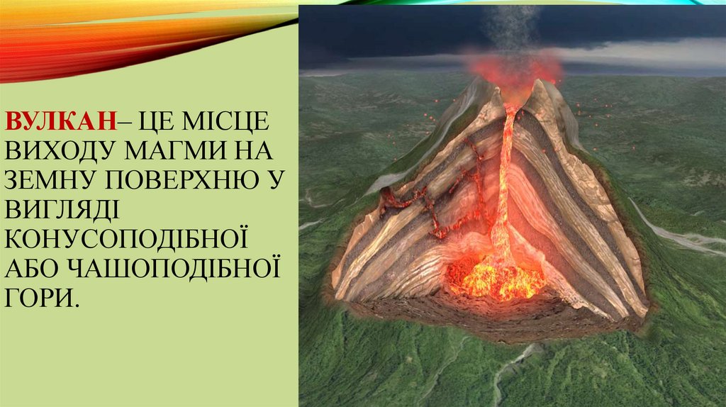 ВУЛКАН– це місце виходу магми на земну поверхню у вигляді конусоподібної або чашоподібної гори.