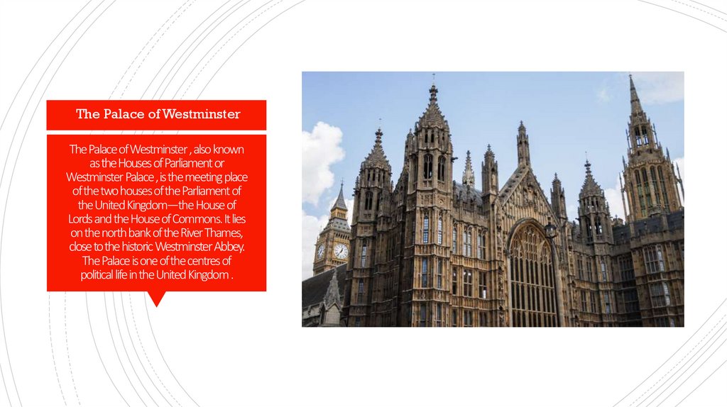 The Palace of Westminster , also known as the Houses of Parliament or Westminster Palace , is the meeting place of the two