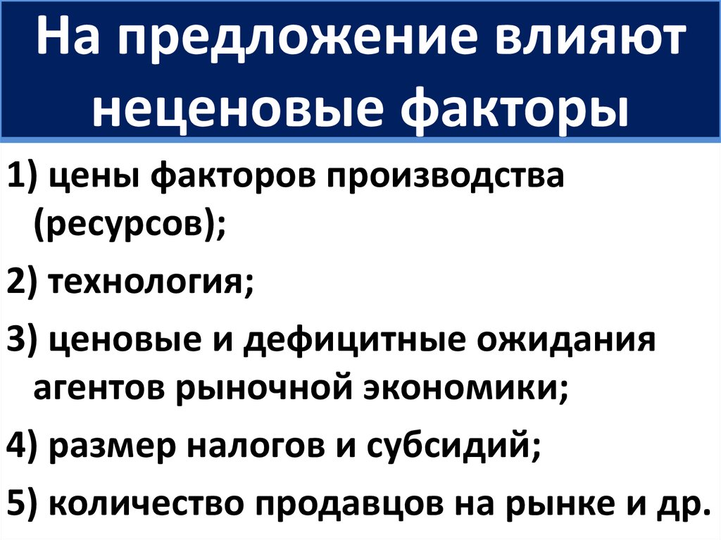 Как предложение влияет на цену. Неценовые факторы влияющие на предложение. Ценовые и неценовые факторы производства. На предложение влияют цены факторов производства. На рыночное предложение влияют.