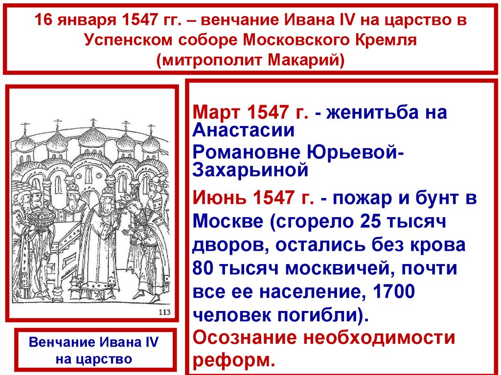 16 января 1547 гг. – венчание Ивана IV на царство в Успенском соборе Московского Кремля (митрополит Макарий)