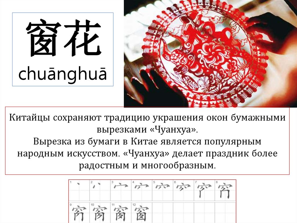 Китайцы сохраняют традицию украшения окон бумажными вырезками «Чуанхуа». Вырезка из бумаги в Китае является популярным народным