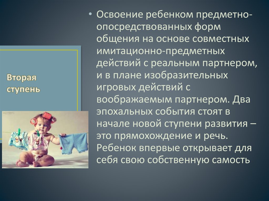 Вторая ступень. Изобразительные игровые действия это. Предметные действия осваиваются ребенком. Ступень оживления. Предметно опосредствованные действия это.