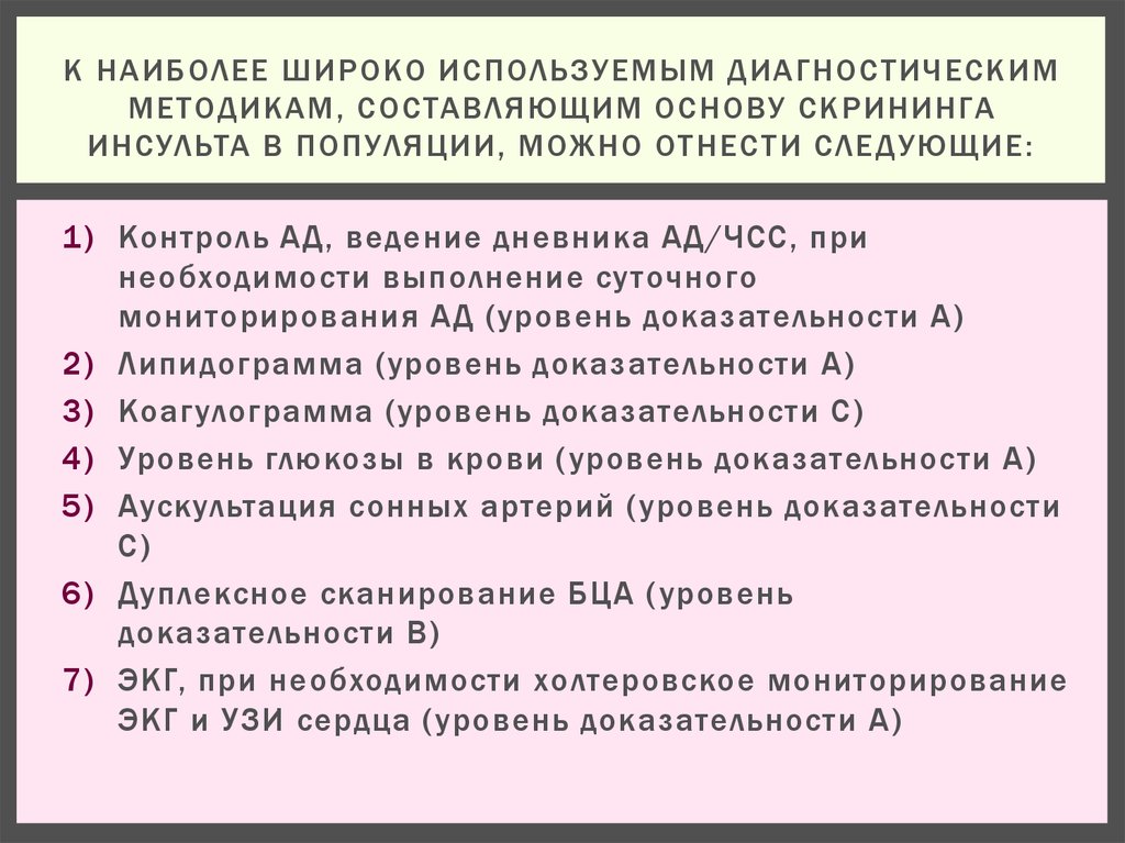 К наиболее широко используемым диагностическим методикам, составляющим основу скрининга инсульта в популяции, можно отнести