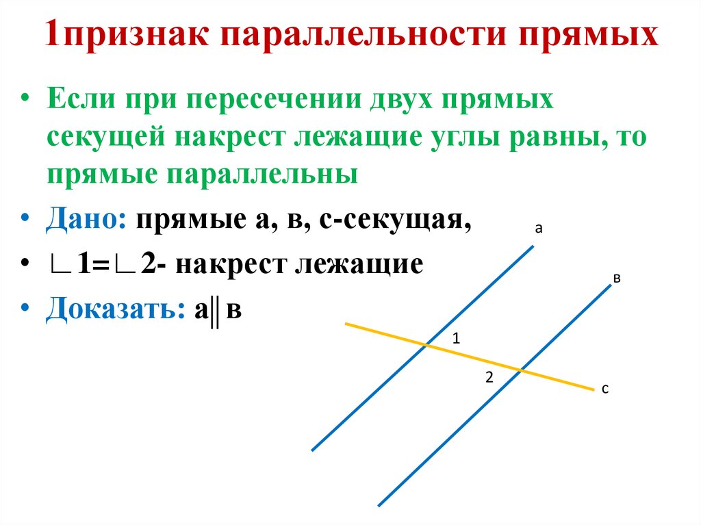 Данные 2 параллельные прямые. 1 Признак параллельности 2 прямых. Докажите 2 признак параллельности прямых с доказательством. 1 Признак параллельности прямых накрест лежащие углы. Если накрест лежащие углы равны то прямые параллельны.