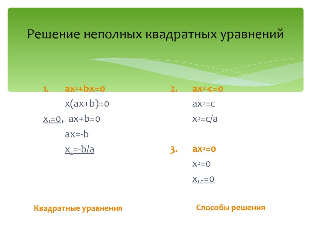 Решение неполных квадратных уравнений. Способы решения неполных квадратных уравнений. Квадратные уравнения решение неполных квадратных уравнений. Алгоритм решения неполных квадратных уравнений.