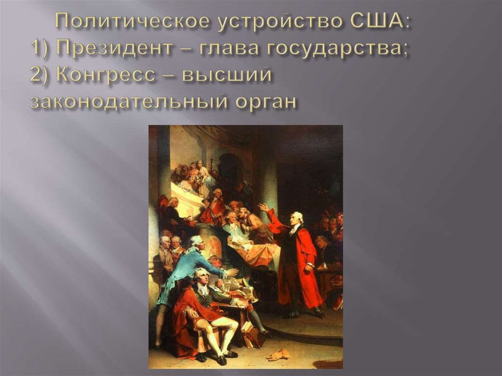 Политическое устройство США: 1) Президент – глава государства; 2) Конгресс – высший законодательный орган