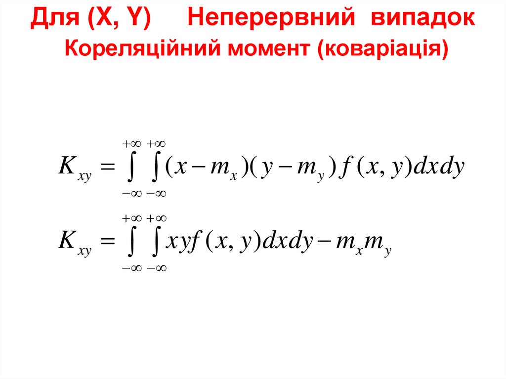 Для (X, Y) Неперервний випадок Кореляційний момент (коваріація)
