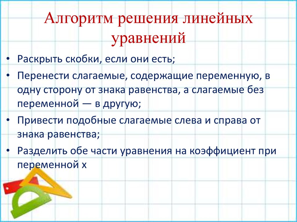 Решать план. Алгоритм решения линейного уравнения с одной переменной 7 класс. Алгоритм решения линейных уравнений с одной переменной. Алгоритм решения линейных уравнений с 1 переменной. Линейное уравнение с одной переменной алгоритм решения 9 класс.