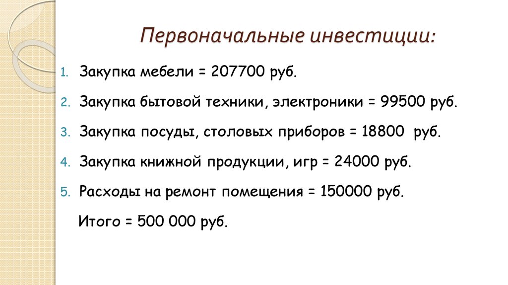 Первоначальные инвестиции в проект