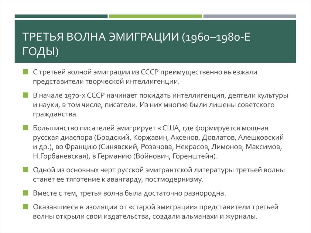 Какова была роль эмигрантов в сопротивлении республики. Третья волна эмиграции (1960—1980-е годы). Причины второй волны русской эмиграции. Три волны эмиграции литературы. Причины второй волны эмиграции.