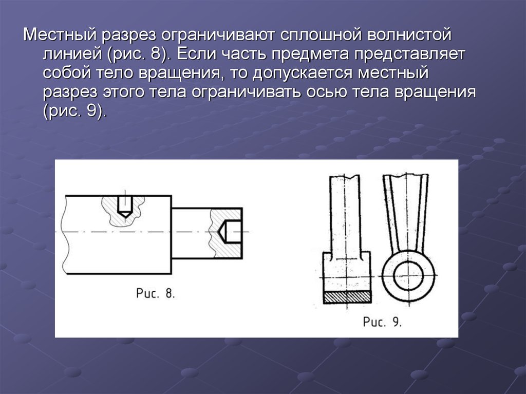 Местный разрез. Местный разрез ограничивают. Местный разрез ограничивается линией:. Местный разрез на виде детали ограничивают линией:. Презентация на тему разрезы.