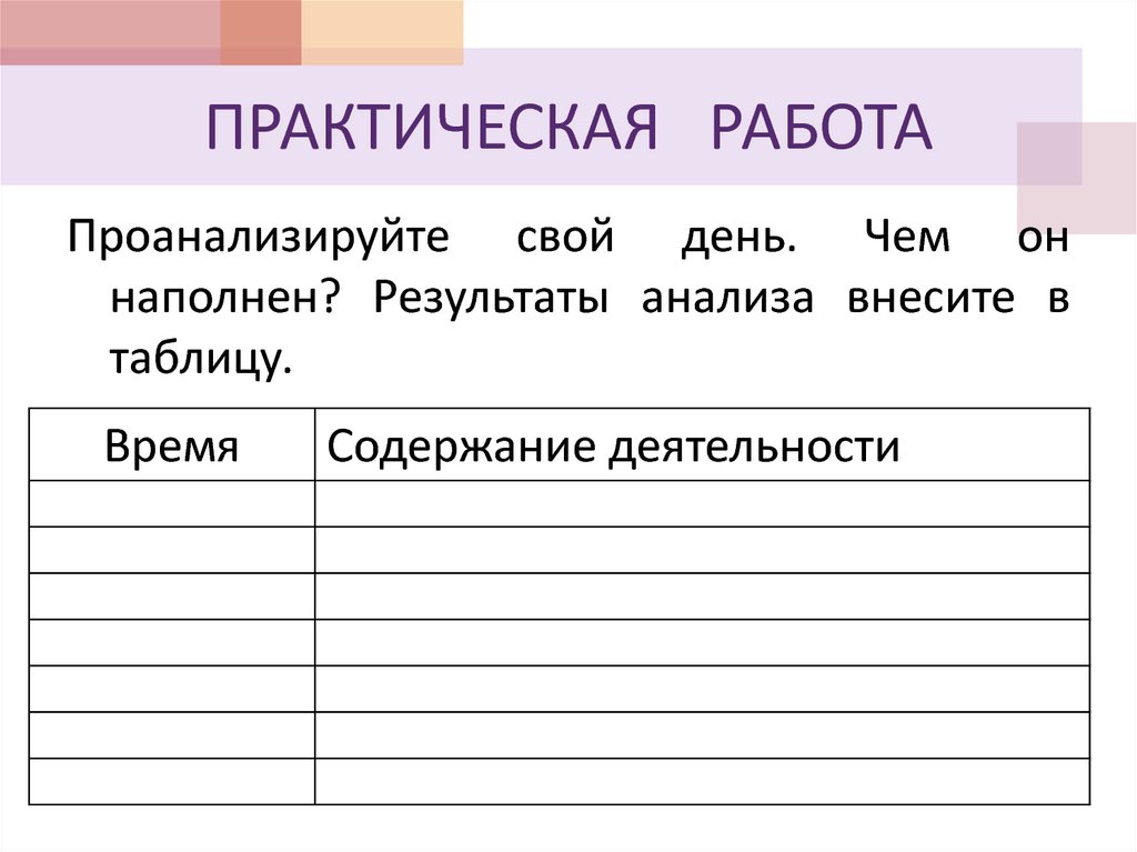 Практическая работа интернет. Время содержание деятельности таблица. Проанализировать свой день. Практическая работа проанализировать свой день, чем он наполнен. Проанализируйте свой день.