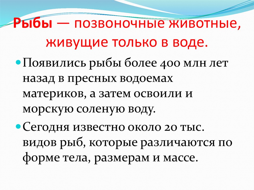 Рыбы — позвоночные животные, живущие только в воде.