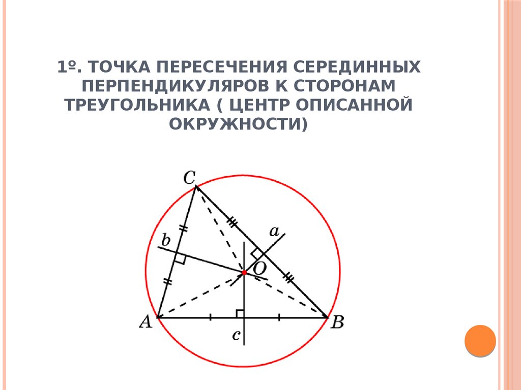 Точка центра окружности описанной около треугольника. Точка пересечения серединных перпендикуляров в описанной окружности. Точка пересечения серединных перпендикуляров треугольника. Центр треугольника. Пересечение серединных перпендикуляров.