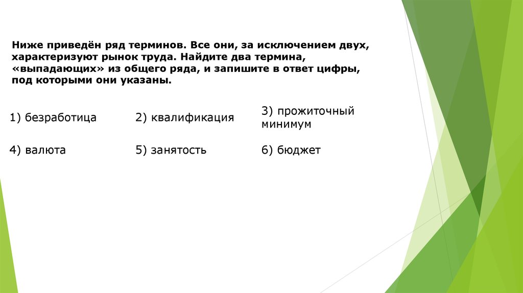 Укажите термин выпадающий из ряда. Ниже приведён ряд терминов все они за исключением двух рынок труда. Найдите два термина выпадающих из общего ряда. Два термина выпадающих. Прожиточный минимум. Занятость бюджет безработица ..