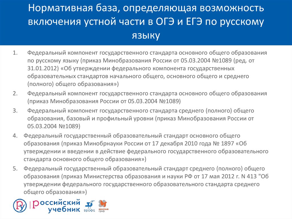 Нормативная база, определяющая возможность включения устной части в ОГЭ и ЕГЭ по русскому языку