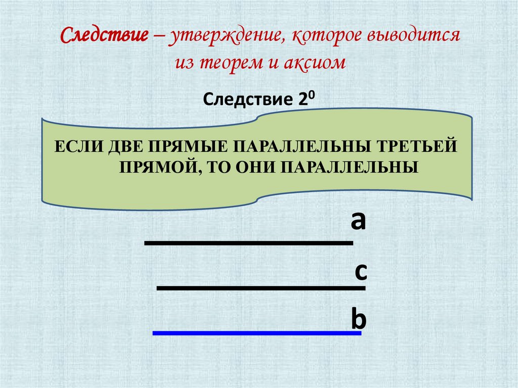 Утверждение следствия. Следствия из Аксиомы параллельных прямых. Если две прямые параллельны третьей то они параллельны. Сформулируйте следствия из Аксиомы параллельных прямых. Если две прямые параллельны третьей то они параллельны между собой.