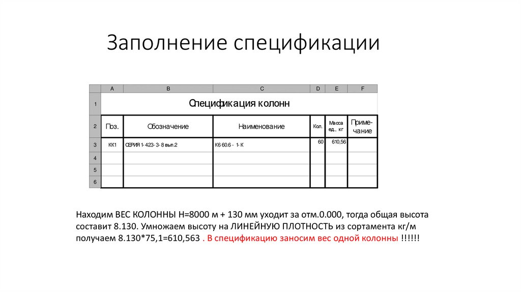 Заполнение спецификации