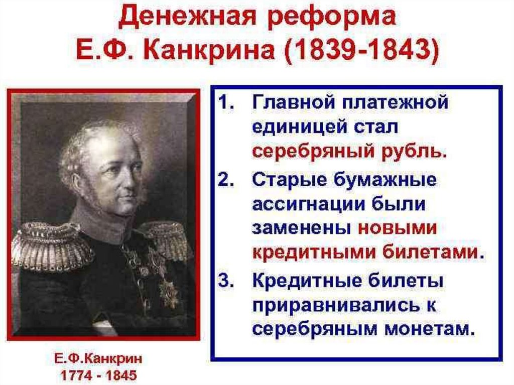 При александре 1 перешли на серебряный стандарт. 1839-1843 Денежная реформа е.ф.Канкрина. Е.Ф. Канкрина (1839–1843). Денежная реформа е. ф. Канкрина (1839- 1843 г.г.) причина. Денежная реформа е ф Канкрина.