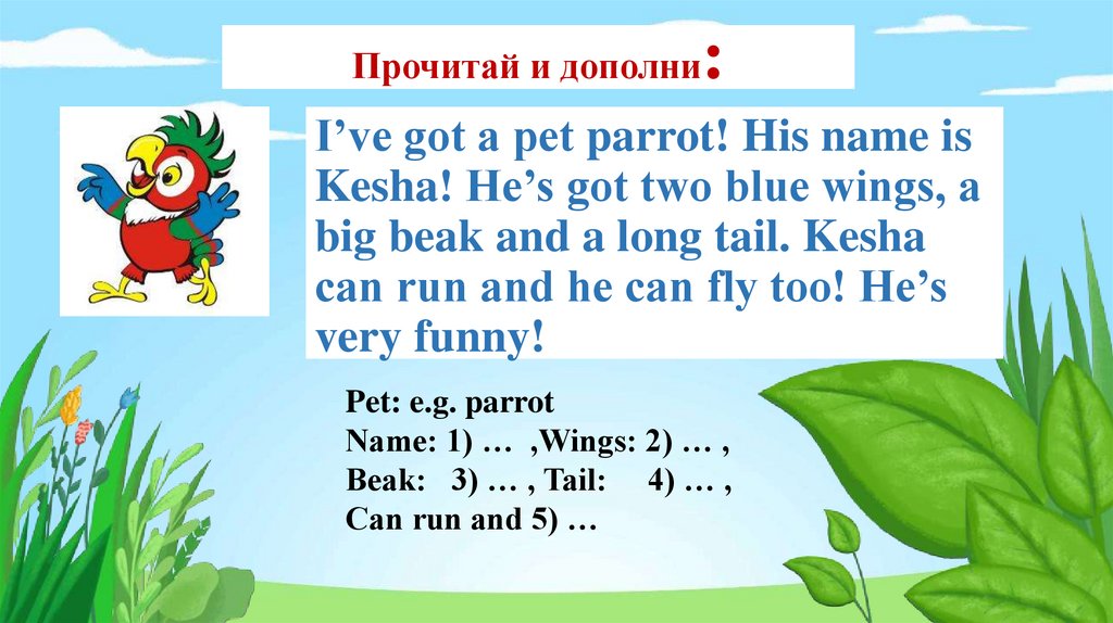 I ve parrot. I ve got a Parrot his name is Kesha. I ve got a Pet. Read and complete i ve got a Pet Parrot. I've got a Pet Parrot перевод на русский.