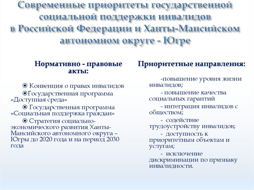 Cовременные приоритеты государственной социальной поддержки инвалидов в Российской Федерации и Ханты-Мансийском автономном