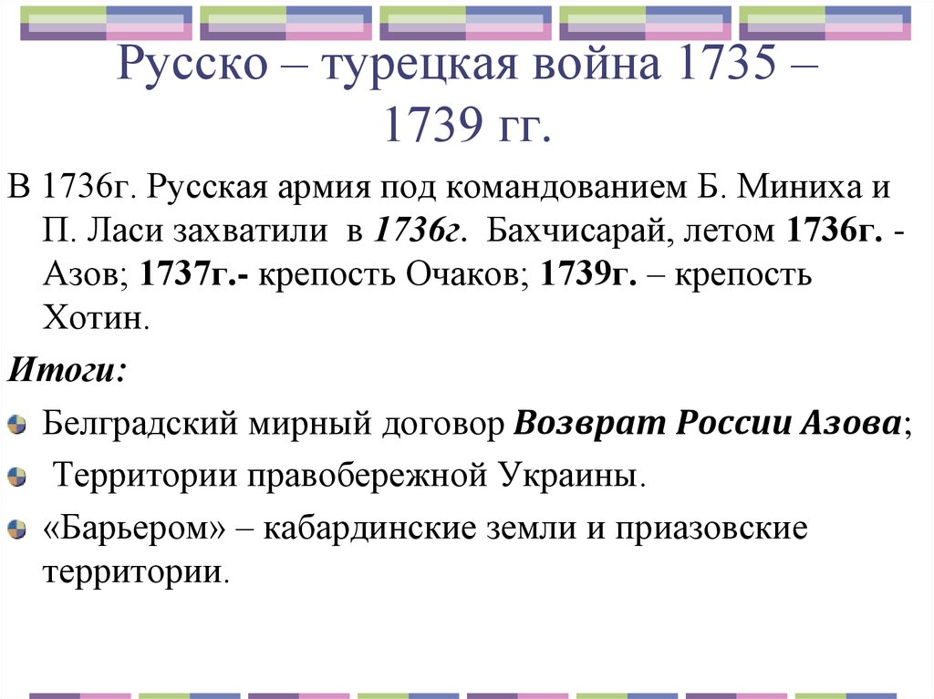 1735 1739 русско турецкая мирный договор. Итоги русско турецкой войны 1735.