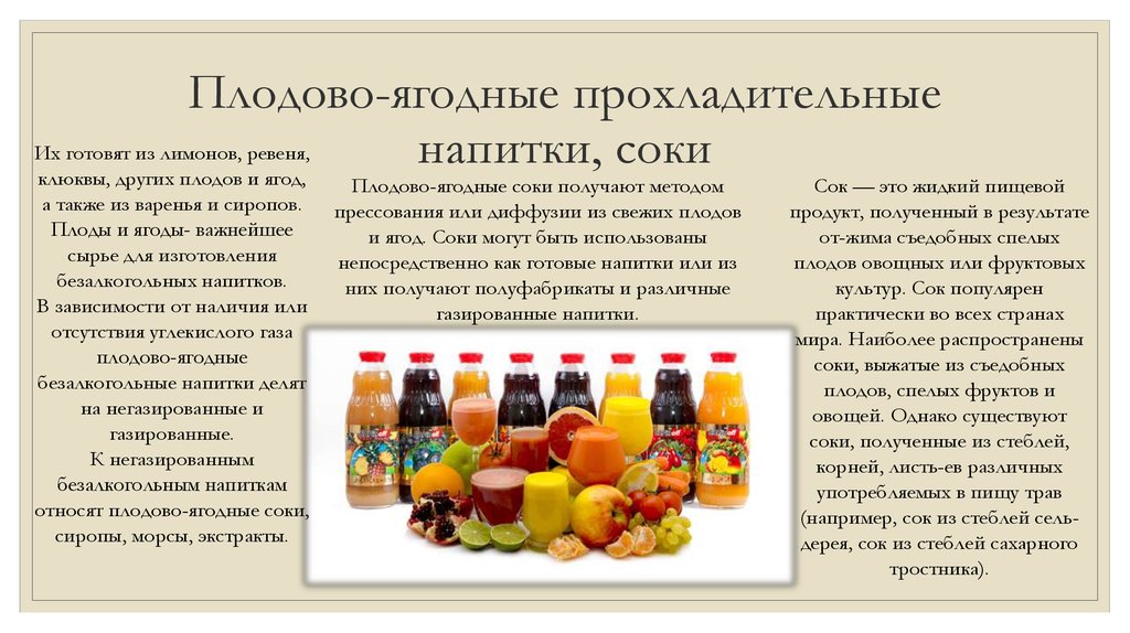 Плодово-ягодные прохладительные напитки, соки