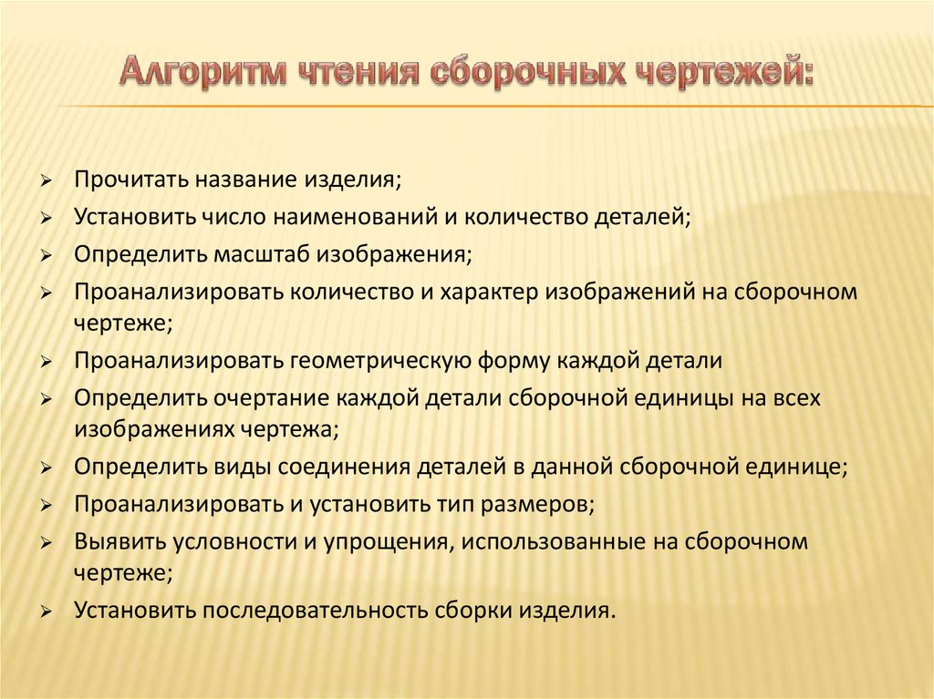 Установите последовательность чтения сборочного чертежа