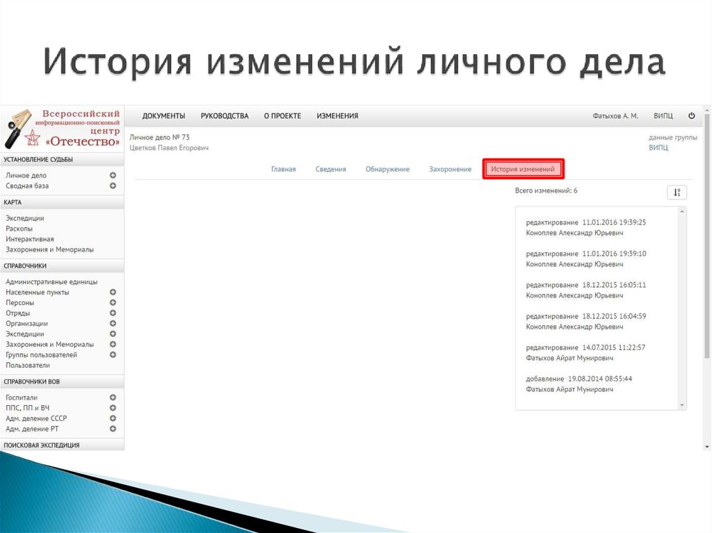 История изменений личного дела