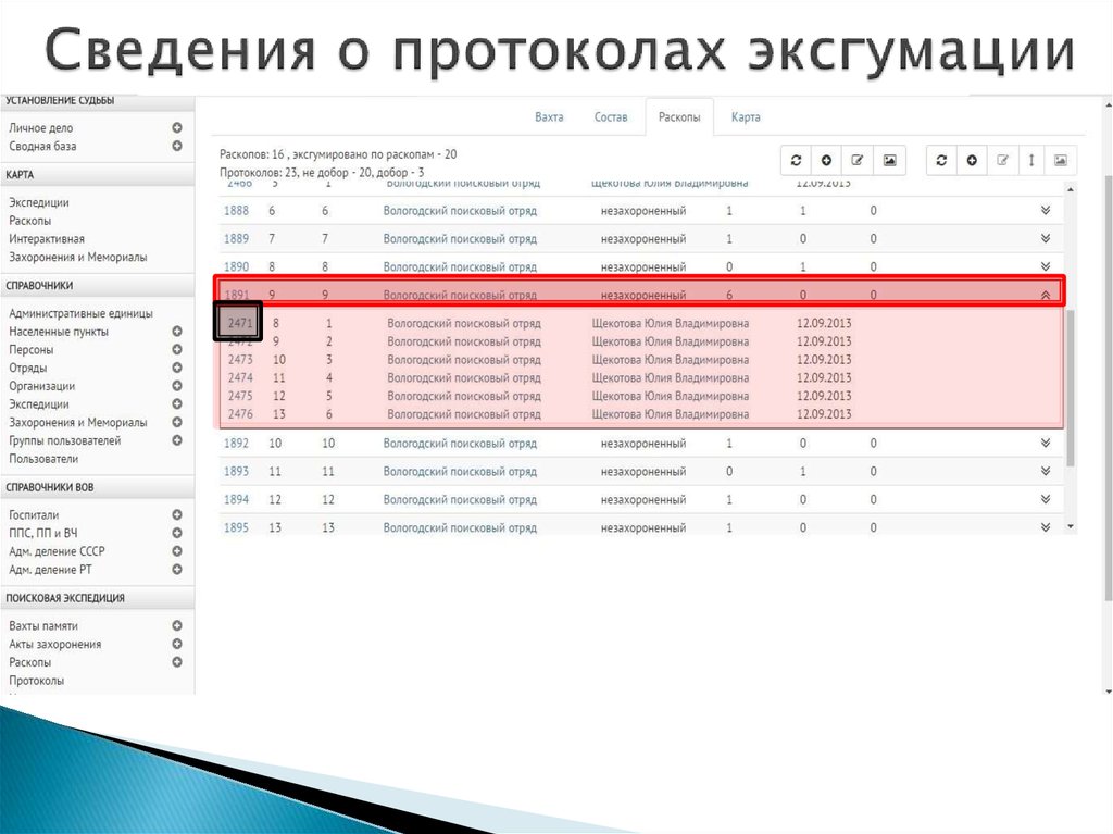 Сведения о протоколах эксгумации
