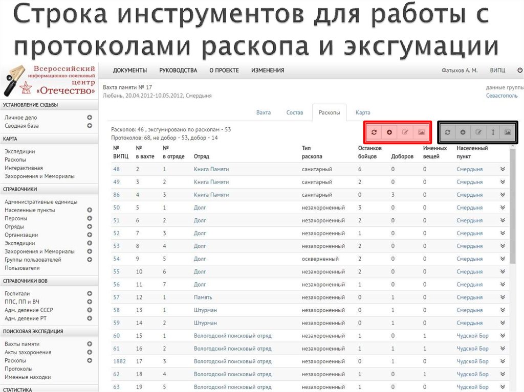 Строка инструментов для работы с протоколами раскопа и эксгумации