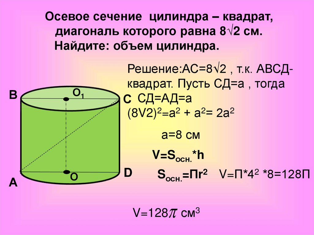 Найти объем цилиндра формула. Осевым сечением цилиндра является квадрат. Осевое сечение прямого цилиндра. Осевое сечение цилиндра квадрат диагональ которого равна 6 см. Осевое сечение цилиндра квадрат диагональ.